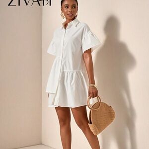 SHEIN White Ruffle Hem Shirt Dress